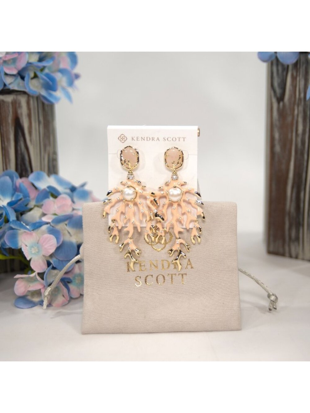Kendra Scott Gold Shea Blush Coral Faux Pearl Statement Jacket Earrings NWT